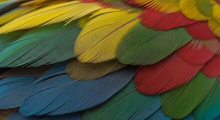 Close up of vibrant, colorful macaw feather texture
