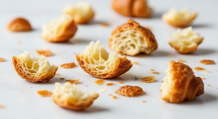 Close up of flaky croissant pieces showing airy interior