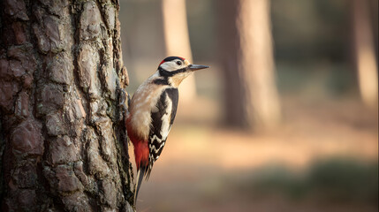 woodpecker. Woodpecker perched on tree trunk captured mid-peck in morning forest light. wildlife magazines, conservation campaigns, designed for eco-tourism storytelling.