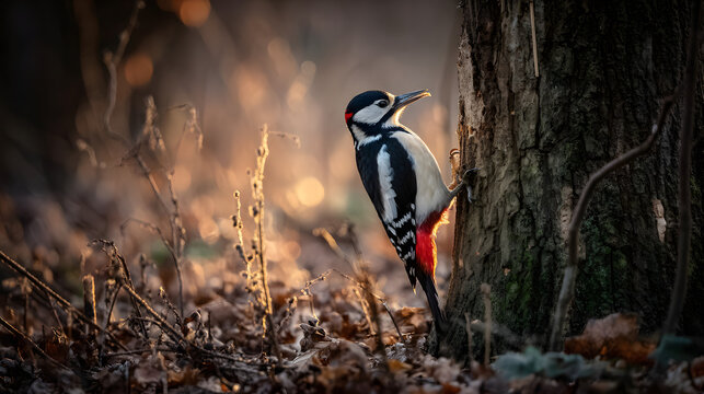 woodpecker. Woodpecker perched on tree trunk captured mid-peck in morning forest light. wildlife magazines, conservation campaigns, designed for eco-tourism storytelling.
