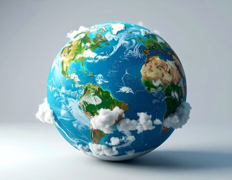 Vibrant Earth Globe with Fluffy Clouds on a White Background. - Powered by Adobe