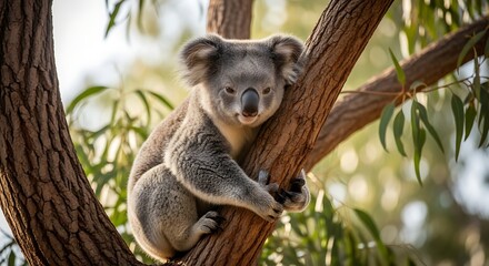 Cute koala clinging to a eucalyptus tree branch