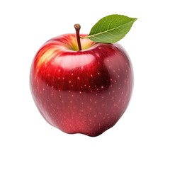 A Ripe Red Apple With a Green Leaf and Stem on a Transparent Background Lit with Soft Studio Lighting