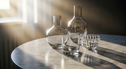 Glassware on marble table with dramatic sun ray light