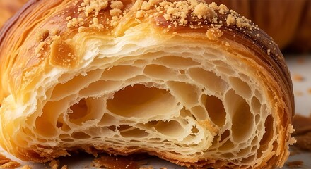 Close up of a flaky croissant cross section with topping