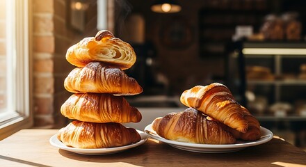 Stack of fresh buttery croissants on small plate by window