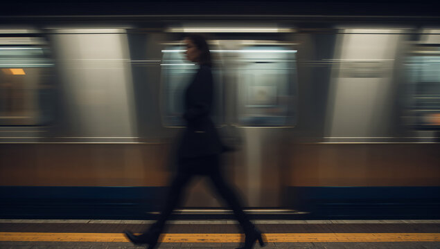 Woman Walking Past Subway Train in Blurred Motion