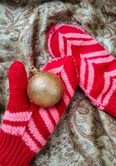 Red Knitted  Mittens with Ornaments
