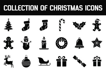 Collection of black silhouette christmas holiday icon set for festive design element
