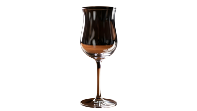 Elegant grappa glass with amber liquid on black background