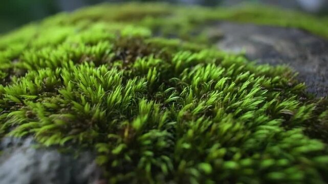 Macro shot of vibrant green moss on a natural surface, showing intricate textures and lush growth.