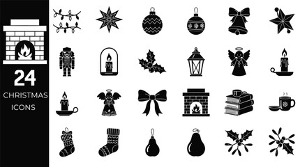 Collection of 24 black and white distressed grunge style christmas holiday icons and symbols
