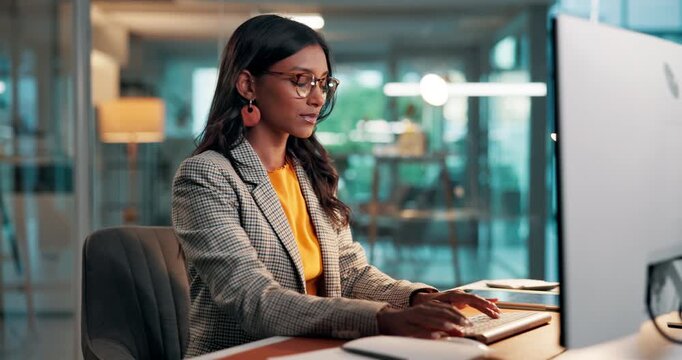 Media agency, computer and woman in office, planning or copywriting and email for submission. Person, magazine editor or journalist in workplace, pc or online reading with website blog or publication
