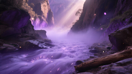 Ultra-realistic shot of a canyon filled not with water but thick rolling purple fog that flows like a river, illuminated by soft glowing particles, rocky canyon walls reflecting faint violet light, ca