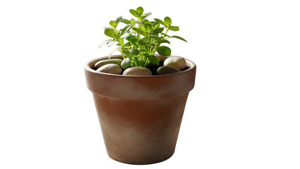 Obraz premium Small green plant growing in a terracotta pot with pebbles