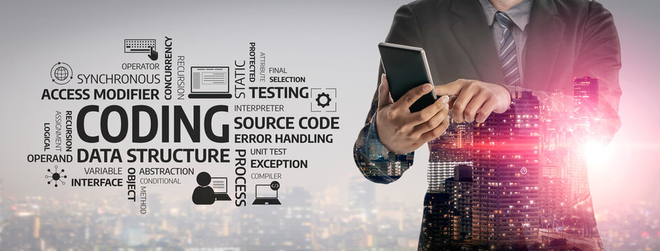 A modern coder stands in an urban setting using a smartphone, surrounded by creative coding elements. This image highlights software testing, data structure, and programming concepts. Tessel