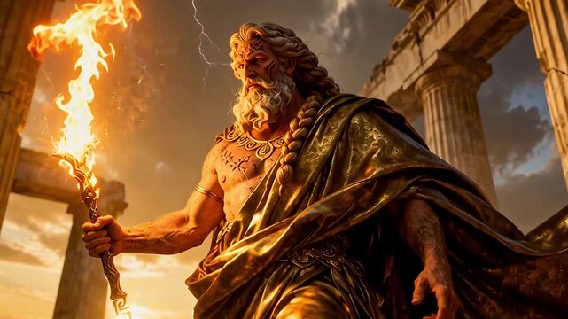Majestic Zeus Holding Flaming Lightning Staff Amidst Ancient Ruins and Stormy Skies