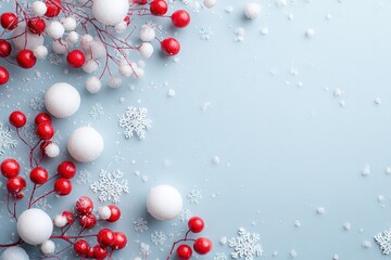 Festive Winter Berries and Snowflakes Composition on a Light Blue Background