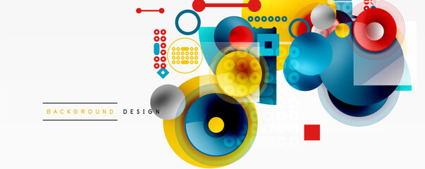 Abstract geometric shapes overlap, creating vibrant design. Circles, squares, lines form modern background pattern. Colors blend seamlessly.