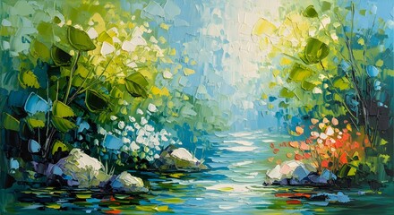 Impressionist Forest Stream Painting with Bold Brushstrokes
