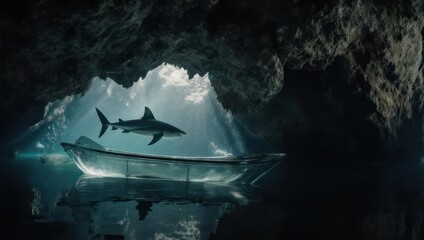 Shark lurking in dark cave near a boat with ethereal light.