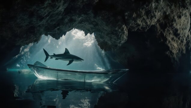 Shark lurking in dark cave near a boat with ethereal light.