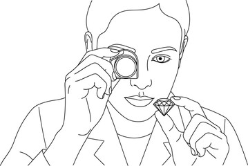 Gemologist Inspecting Diamond with Jeweler's Loupe - Line Art Vector Illustration
