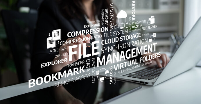 This conceptual image illustrates the key elements of file management, including cloud storage, organization, and data synchronization, relevant for digital solutions. Tessel