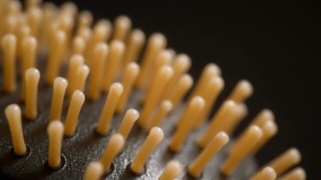 Macro close-up of flexible beige brush bristles on a dark background, highlighting texture and pattern