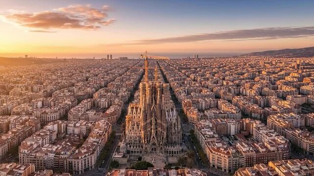 Aerial view of Barcelona's cityscape, featuring the Sagrada Familia at sunset, showcasing urban planning.