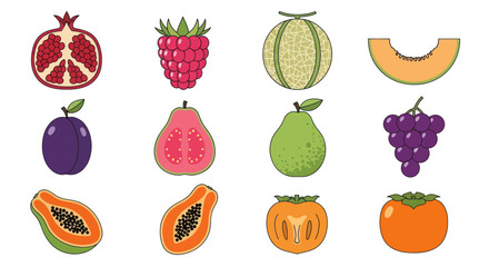 Assortment of vibrant illustrated fruits isolated on white background
