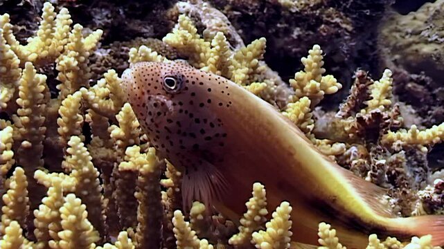 A small, speckled fish hides amongst bright coral reefs. This marine animal swims freely in the warm, shallow waters of Indonesia and Papua New Guinea.
