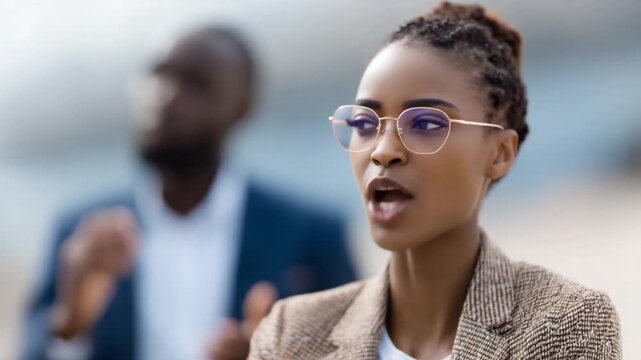 Focused Dialogue: An elegant figure, immersed in a moment of active discussion, framed by a soft, contextual blur. The image captures the dynamic energy of direct communication.