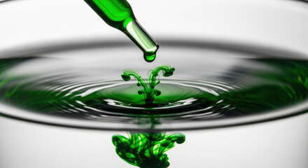 Green droplet from pipette creates symmetrical splash in clear liquid. focused view of clinical experiment in lab for nutrition science and chemical analysis