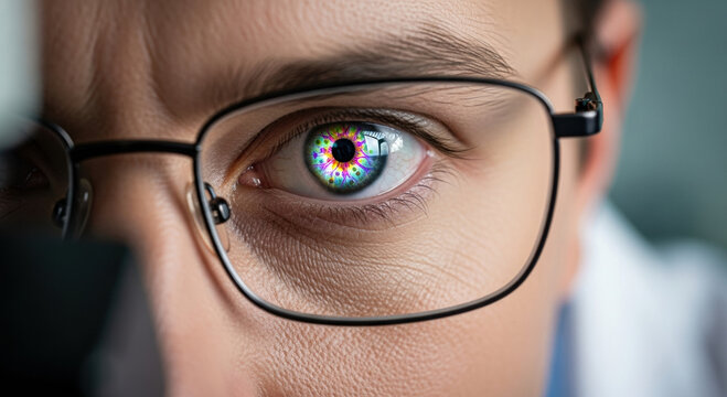 Intense man wearing glasses with futuristic eye reflecting advanced science and technology. clinical lab professional studies human vision and nutrition for discovery
