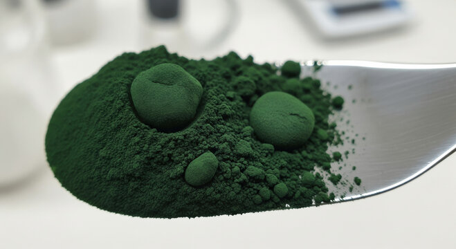 Close up of green spirulina powder on metal spoon. Clinical research in lab focuses on superfood nutrition benefits for health and wellness supplements