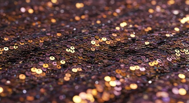 Glamorous shimmering dark purple and gold sequin and glitter fabric texture background. Festive abstract sparkle. - Powered by Adobe