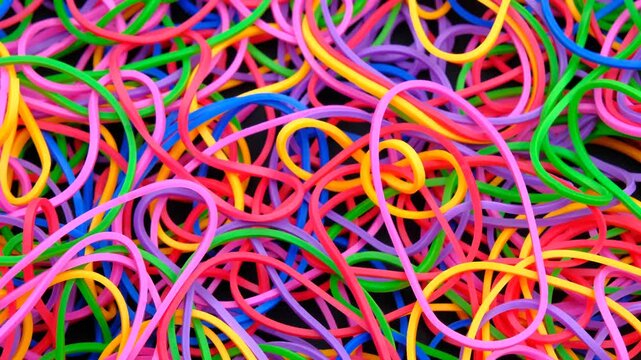 a dense, chaotic tangle of colorful intertwined elastic rubber bands in vibrant shades