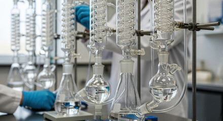 Focused scientist conducting clinical nutrition experiment in science lab. This chemistry research and analysis involves complex glassware for precise results