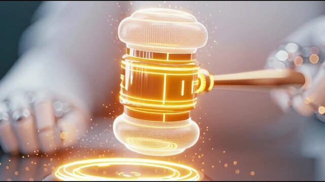 Futuristic Legal Authority Futuristic Robot Holding Gavel Symbolizing Justice and Law in Digital Courtroom Environment Robot Law Enforcer