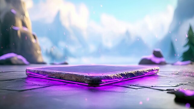 A flat, rectangular platform with a glowing purple outline sits on a dark, textured surface, surrounded by a snowy, mountainous landscape under a bright sky.