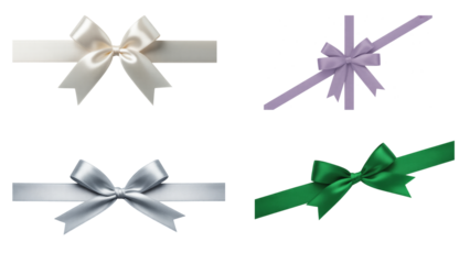 Set of four decorative ribbon bows in cream, lavender, silver, and green for gift wrapping and embellishment