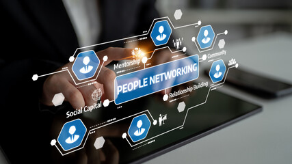 A professional individual interacts with a tablet featuring graphics about networking, showcasing the importance of relationship building and community engagement. Tessel