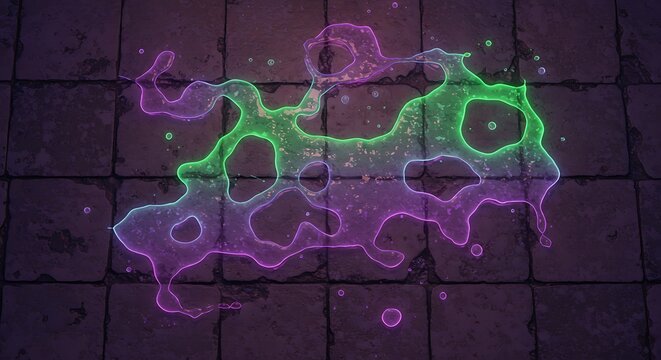 Mesmerizing neon purple and green liquid glowing on ancient stone tiles, an abstract sci-fi or magical fluid pattern - Powered by Adobe