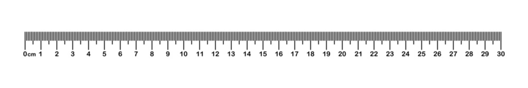 Vector illustration of metric rulers. Measuring tool. Ruler 30 cm. Grid cm. Metric Centimeter size indicators. Ruler scale on white background.
