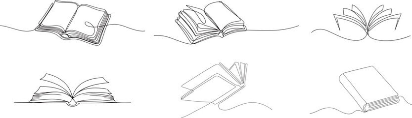 A continuous-line drawing illustration of a book collection, vector art.