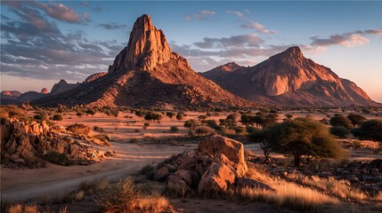 Naklejka premium A breathtaking view of the brandberg mountain in namibia at sunset, with the warm light casting long shadows and highlighting the rugged terrain