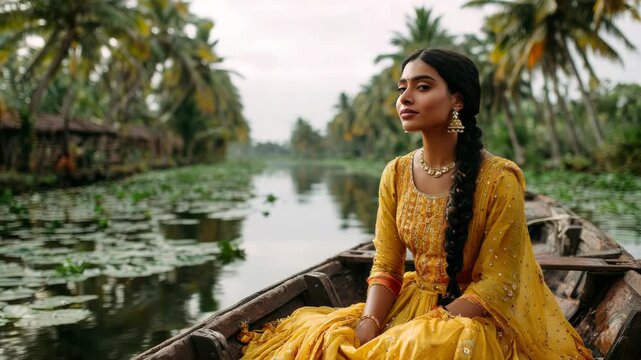 Indian woman in traditional dress sailing on a boat in Kerala backwaters