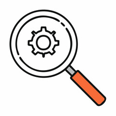 Flat Design Magnifying Glass with Orange Handle and Gear Symbol on White Background search research