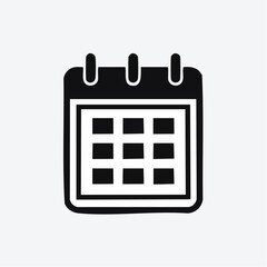 Black and white doodle style icon of a desk calendar with a grid of nine squares on a light grey background
